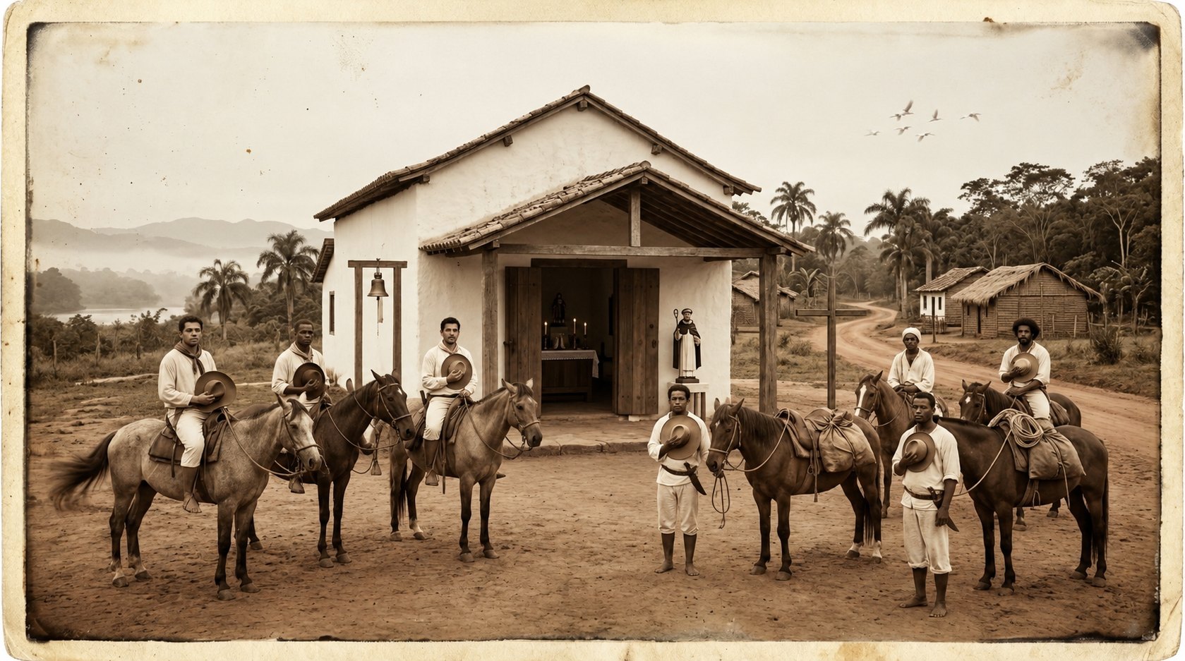 Reconstituição artística: uma capela de taipa caiada, com telhado de duas águas e alpendre, à beira de uma estrada de terra, com viajantes e seus cavalos diante dela