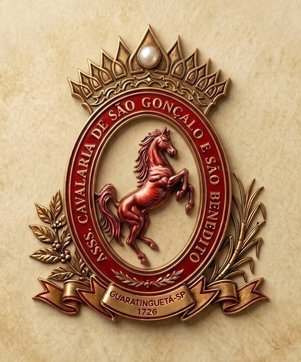 Brasão da Associação: coroa, oval vermelho com o cavalo empinado, ramos de café e de cana e a faixa Guaratinguetá-SP 1726